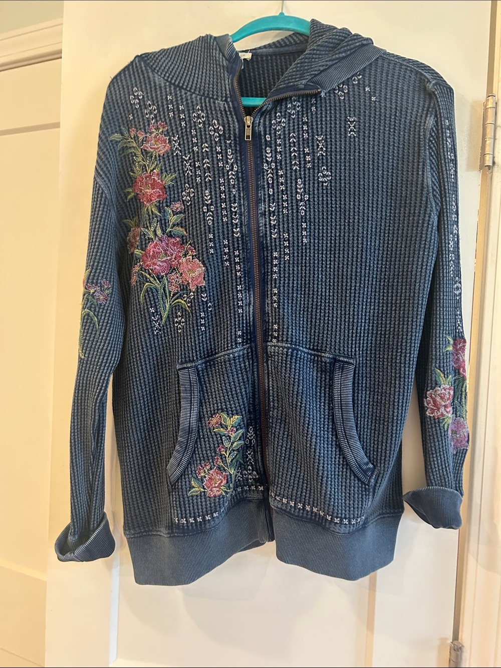 sundance boutique Blue Embroidered Floral Zip Hoodie Jacket